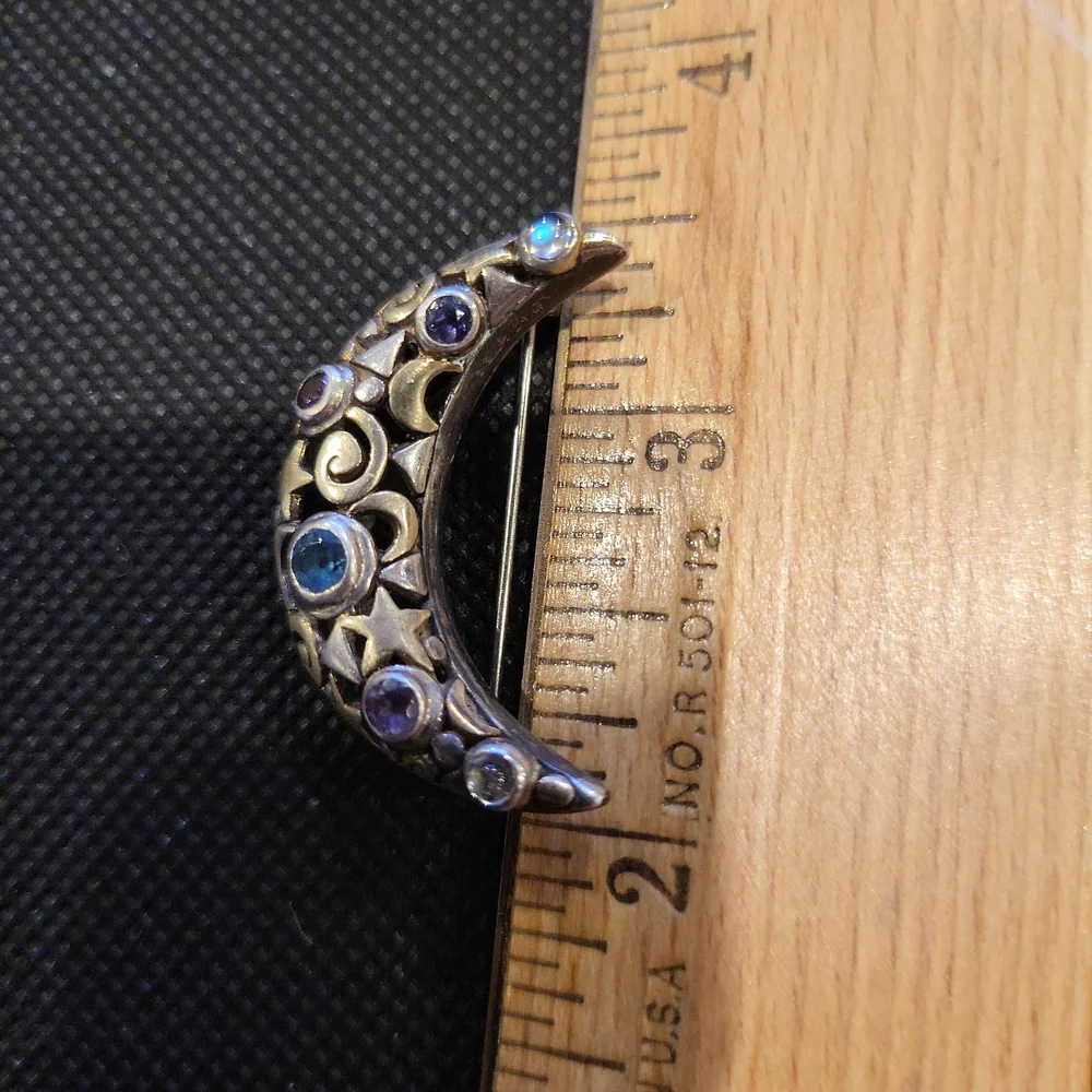 Crescent Moon & Stars Birthstone Sterling Silver Brooch